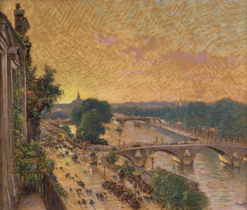 Genre scene depicting a crowd at a train station, oil painting by Marie-Joseph-Leon Clavel