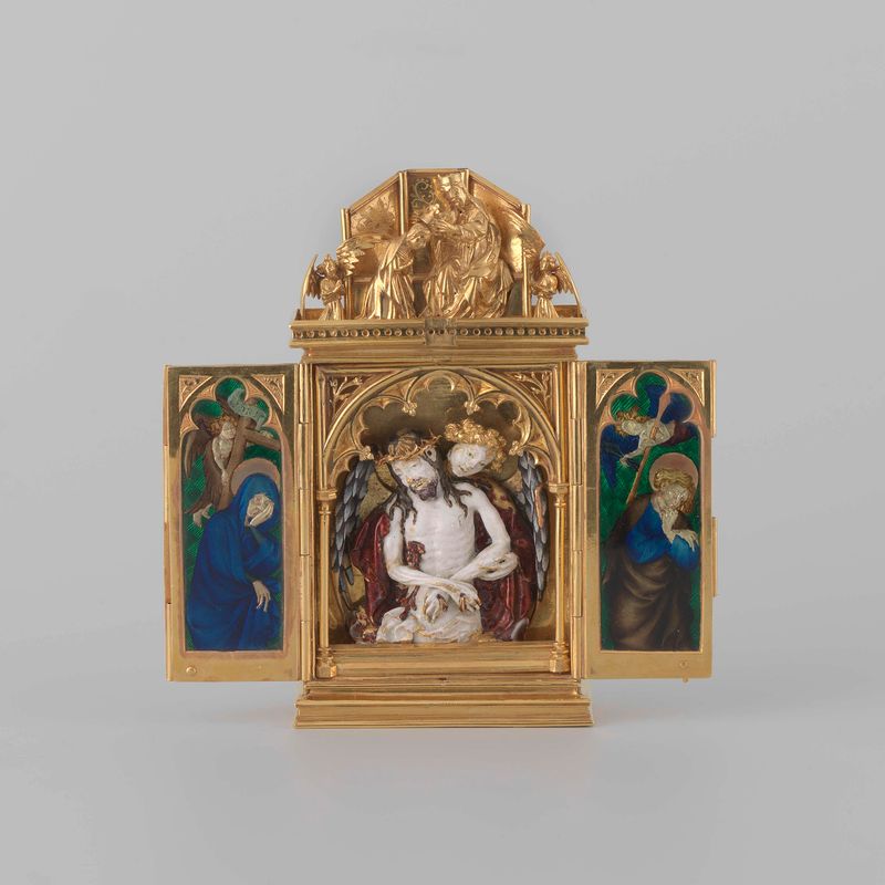 Reliquary triptych feito de madeira e metal por Unknown Artist