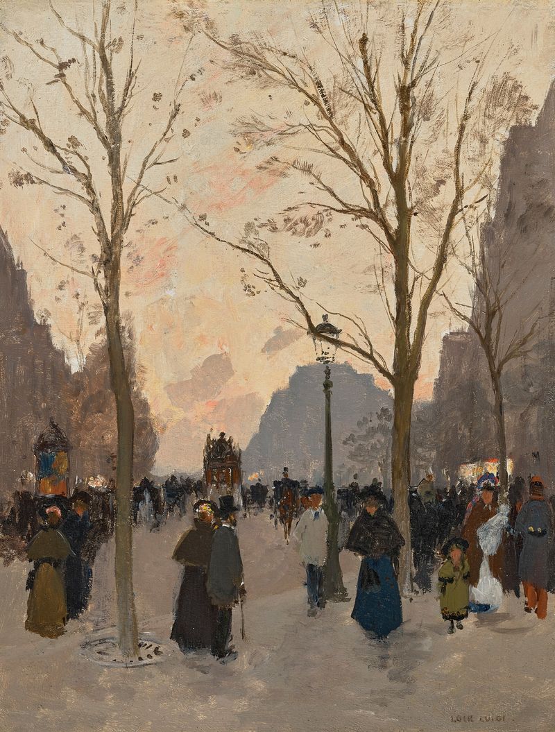 La Place de la République, Paris by Luigi Loir, oil on canvas, depicts a crowd around a statue.