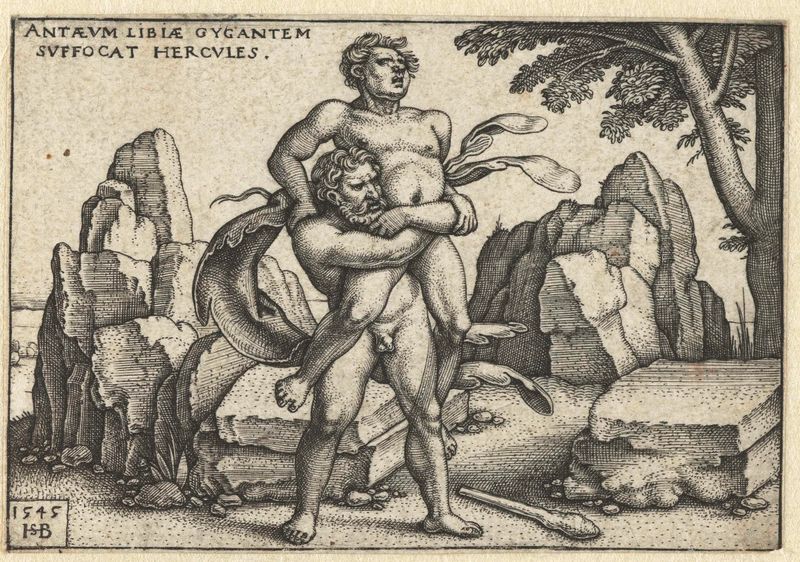 Hércules luta com Antaeus em uma gravura de Hans Sebald Beham