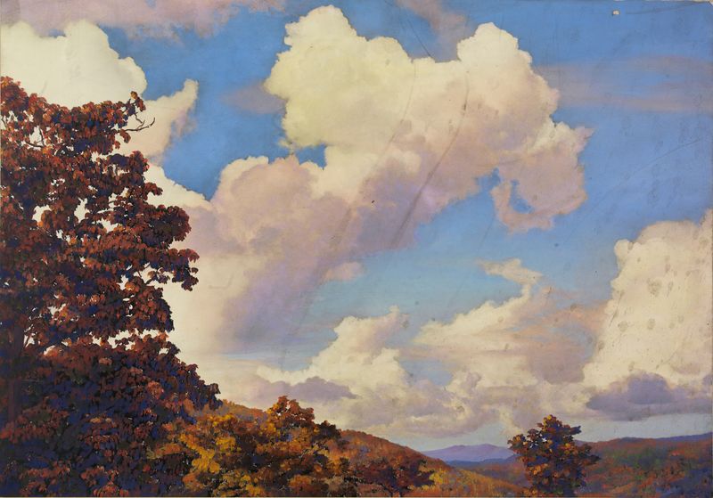 Autumn Mountain Landscape, pintura a óleo de Unknown Artist, com picos irregulares e tons terrosos.