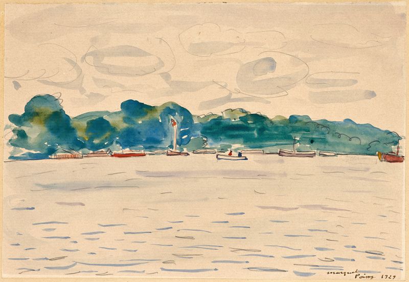 Paisaje de Poissy de Albert Marquet, óleo sobre lienzo con un río tranquilo.