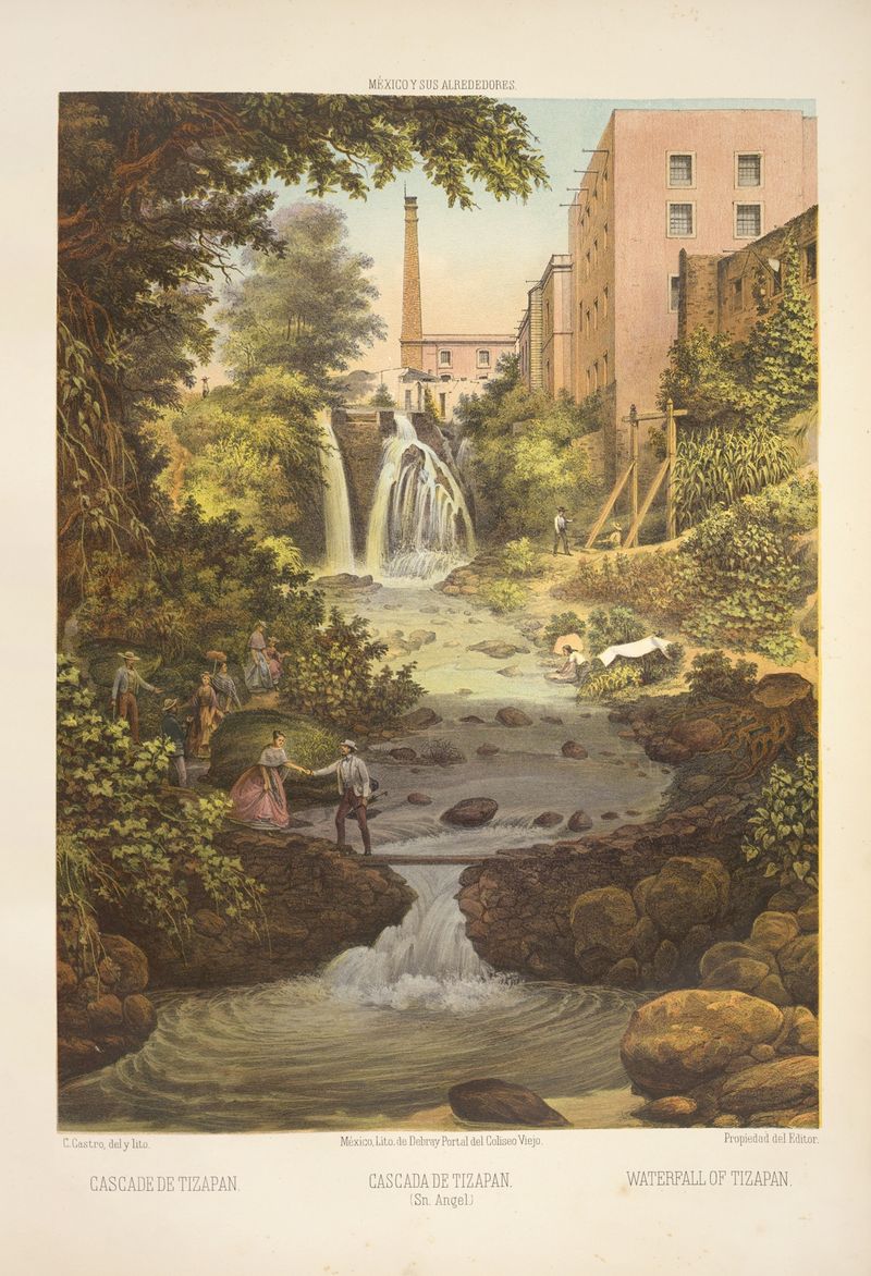 Waterfall of Tizapan by C. Castro, oil painting depicting a shimmering waterfall.
