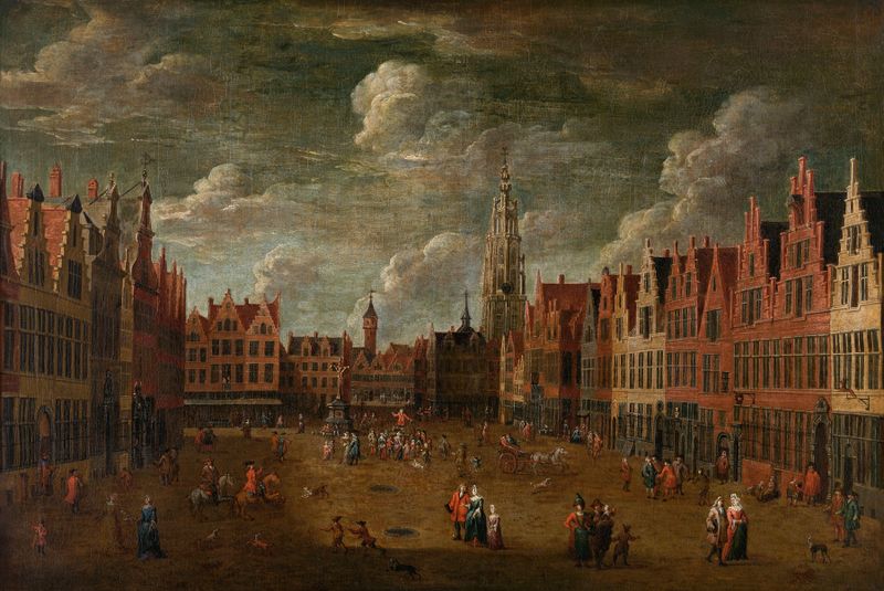 Paisaje que representa una escena urbana bulliciosa, pintura al óleo de un artista desconocido