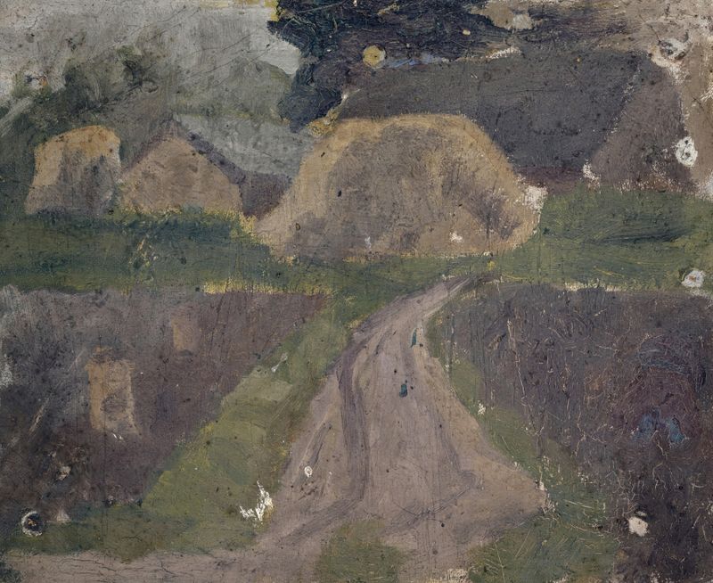 Farmhouses de Ernst Schiess, óleo sobre tela mostrando estruturas rurais sob um vasto céu