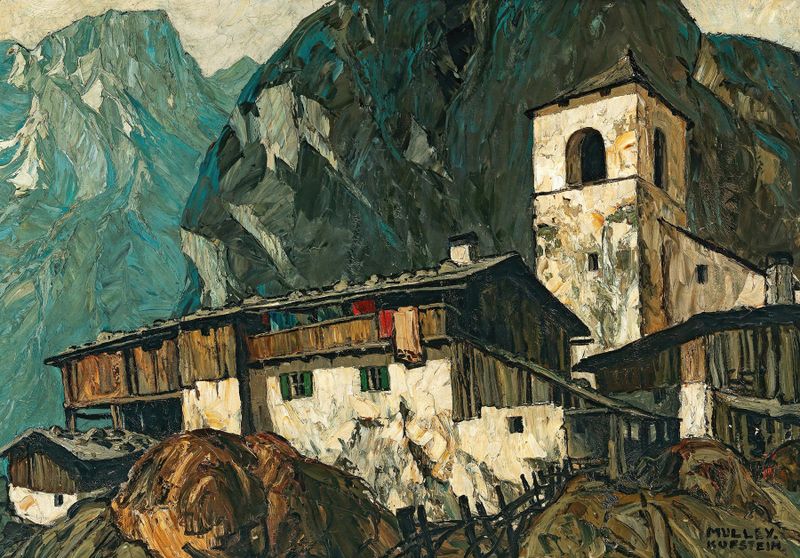 Mountain church and farm by Oskar Mulley, realism, depicting a church and farm in a serene landscape