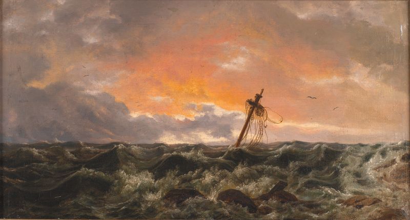 Seascape with a Wreck, óleo sobre tela de Johan Christian Dahl retratando um naufrágio em meio a ondas turbulentas.