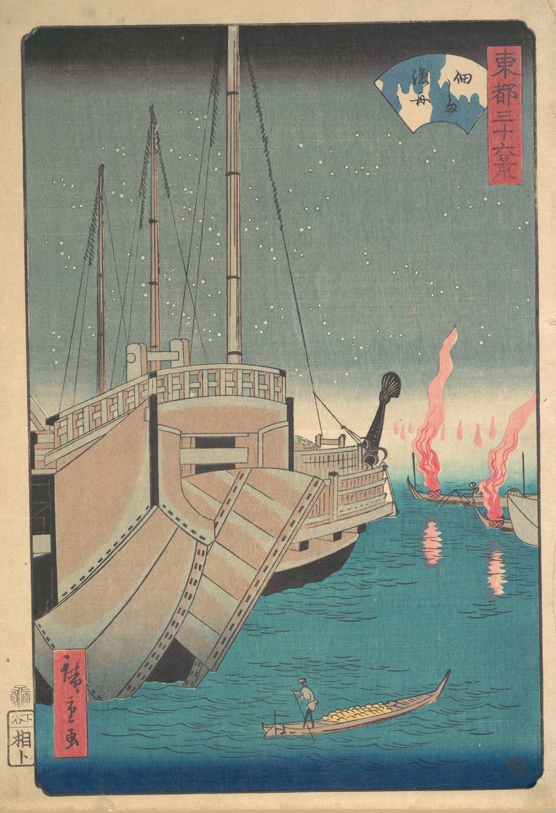 Ukiyo-e de Utagawa Hiroshige retratando o rio Sumida ao entardecer