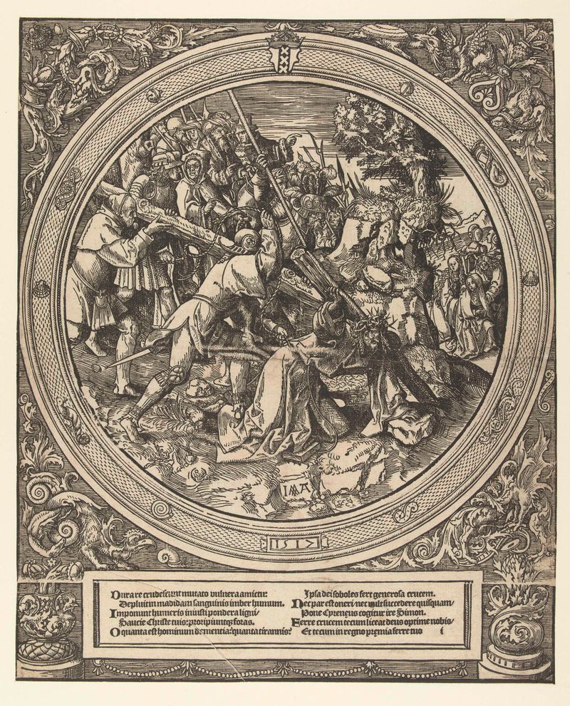 Kruisdraging de Jacob Cornelisz van Oostsanen, obra em papel mostrando a crucificação de Cristo e figuras de luto.