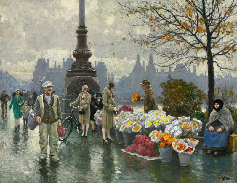 Botanical scene of flowersellers at Dr. Louises Bro, oil painting by Paul Fischer
