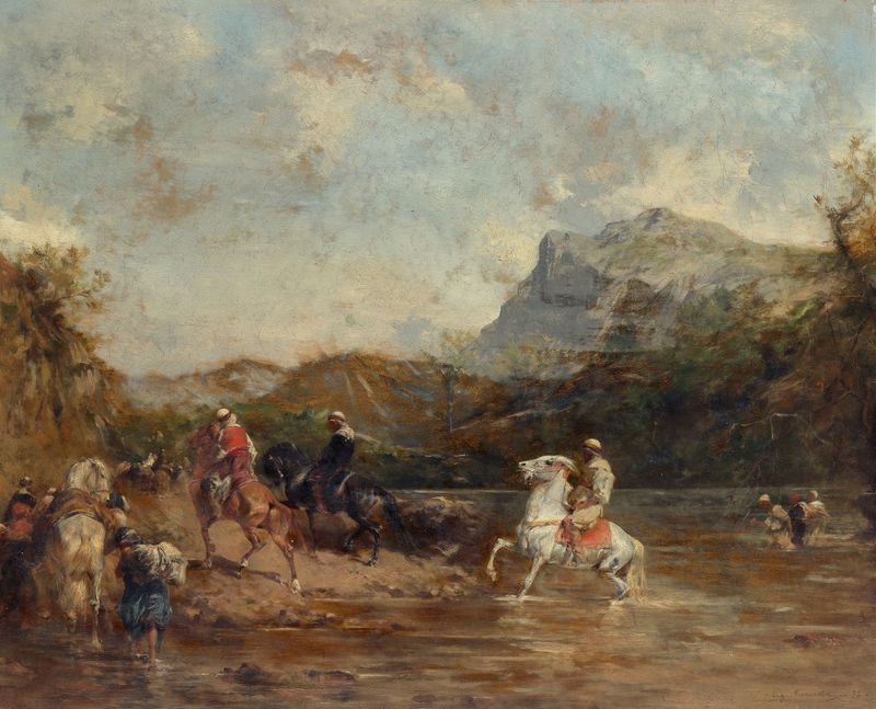 Genre scene of travelers crossing a river, oil painting by Eugène Fromentin