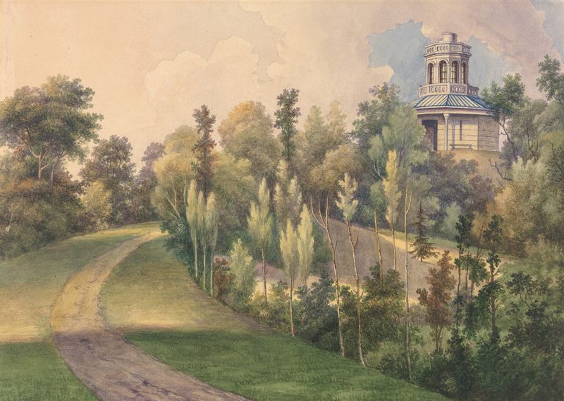 Garden scene with octagonal turret by Gerrit Jan Schouten, medium unknown