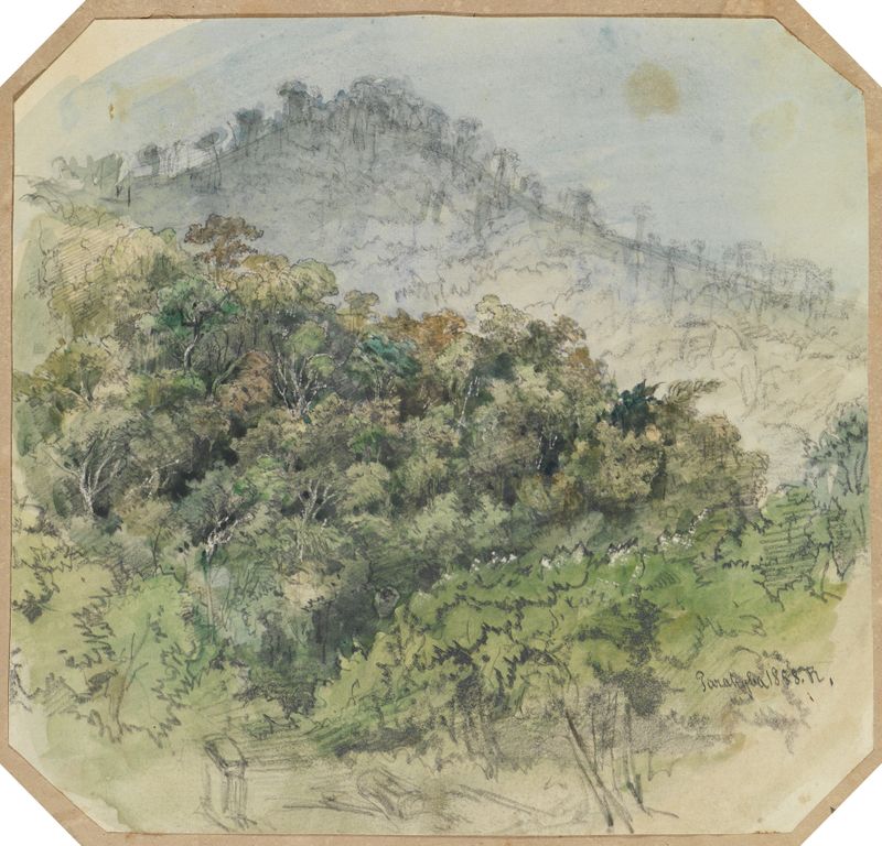 Urwaldansicht in den Bergen by Ferdinand Keller, oil on canvas depicting a lush mountainous landscape.