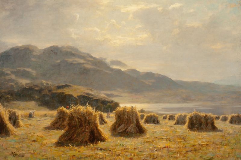 A Highland Harvest by Duncan Cameron, oil on canvas depicting rolling hills and golden fields.