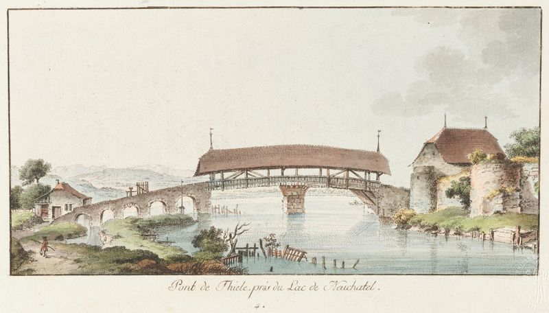 Watercolour by Johann Ludwig Aberli depicting a bridge over a lake surrounded by nature.