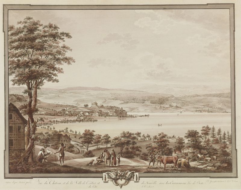 Landscape depicting Lake Bienne with reflections, by Niklaus Sprüngli