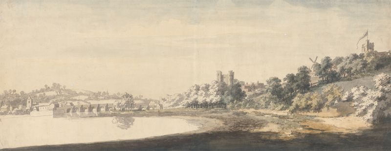 The Bridge and Castle at Rochester, oil on canvas by Jonathan Skelton, depicting a castle and river landscape.