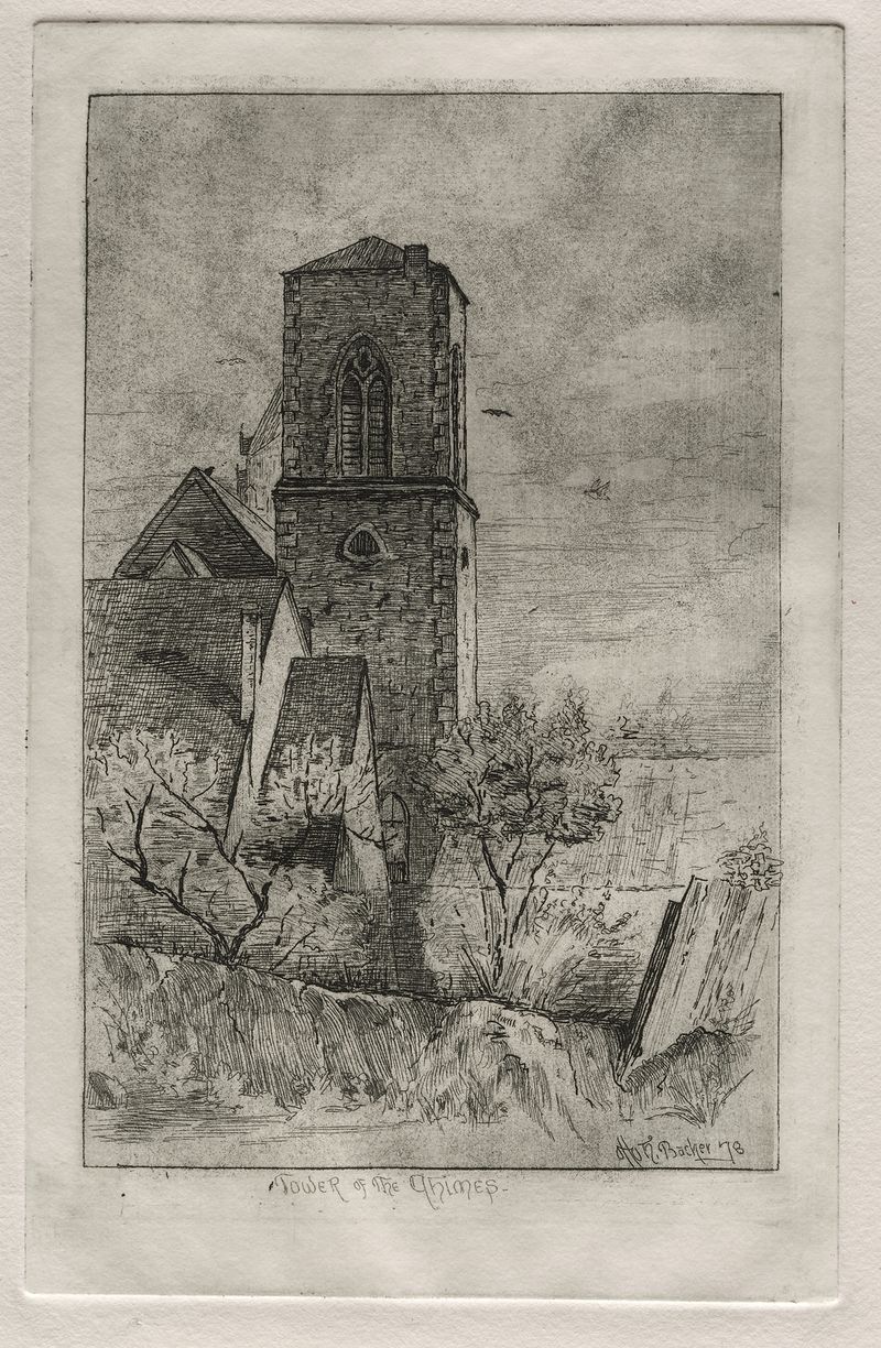 Tower of the Chimes de Otto Henry Bacher, acuarela sobre papel que representa una torre de campanas.