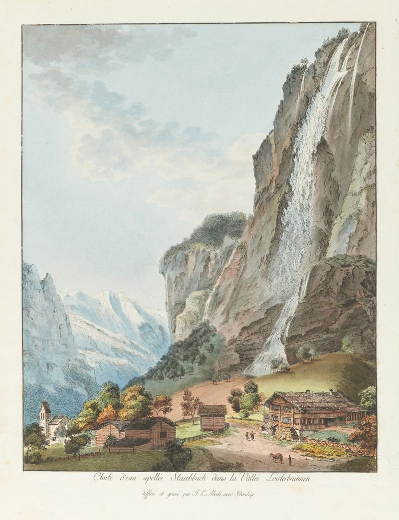 Grabado de las cataratas Staubbach en un valle por Johann Ludwig Aberli