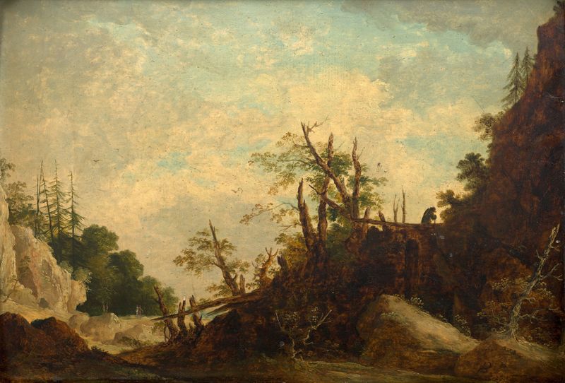 Paisagem com uma ponte de Lazare Bruandet, óleo sobre tela mostrando uma ponte sobre águas tranquilas.