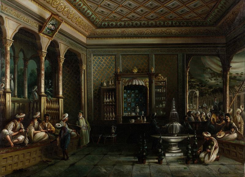 Interior scene of a coffee house by Megerdich Jivanian, unknown medium