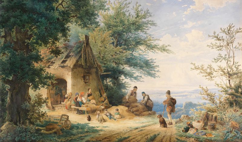Summer landscape with farmers processing flax, Anton Doll, oil painting