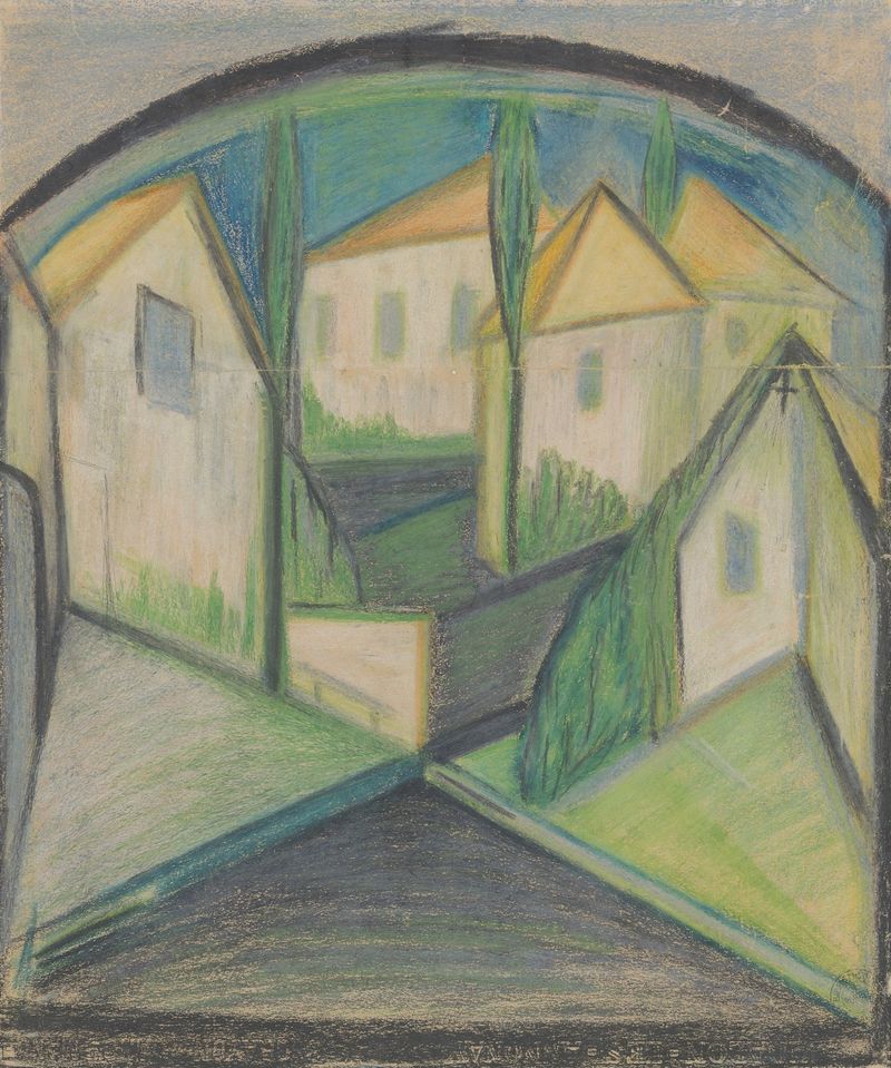 Design em mídia mista de Georges Pitoëff representando jardins e casas para Roméo et Juliette