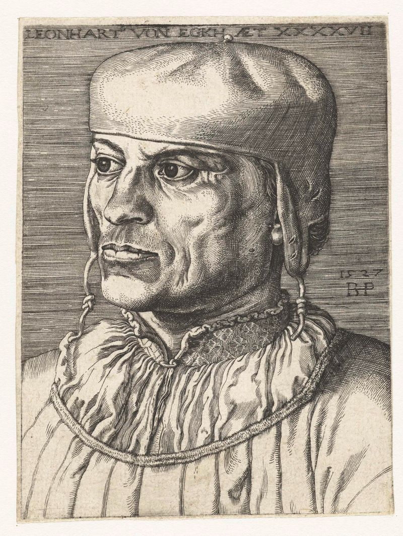 Engraving of chancellor Leonhard von Eck in rich robes by Barthel Beham