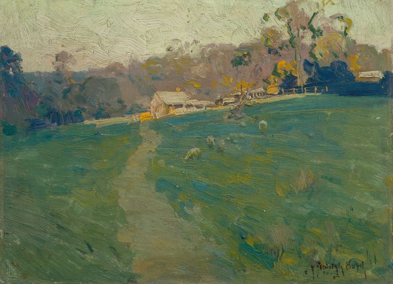 Paisaje de Theodore Penleigh Boyd, óleo sobre lienzo que representa verdes vibrantes y tierra.