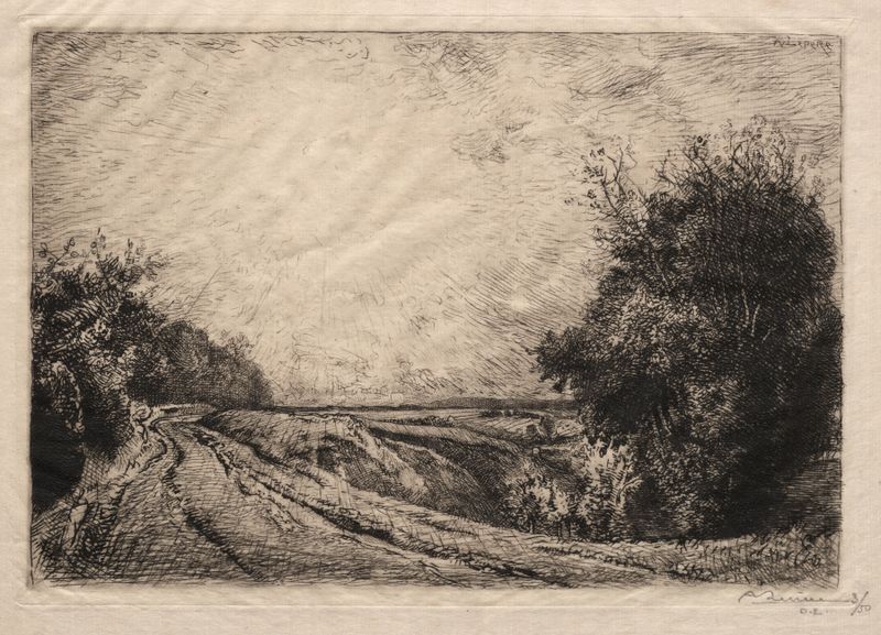 Paisaje con un camino serpenteante en La Route de la Houssoye de Auguste Louis Lepère, pintura al óleo