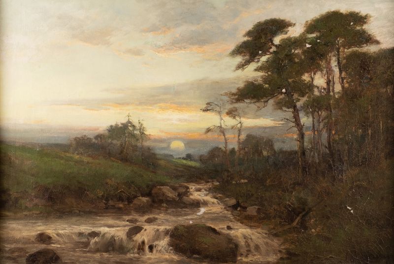 Stream by the pine forest at sunset, oil on canvas by Benjamin Williams Leader