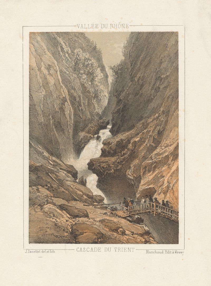 Cascade du Trient de Jean Jacottet, pintura al óleo que representa una cascada tranquila en un paisaje exuberante.