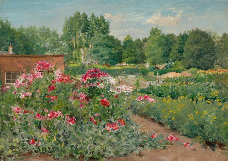 Flower Beds, Central Park de William Merritt Chase, pintura al óleo que representa flores vibrantes.
