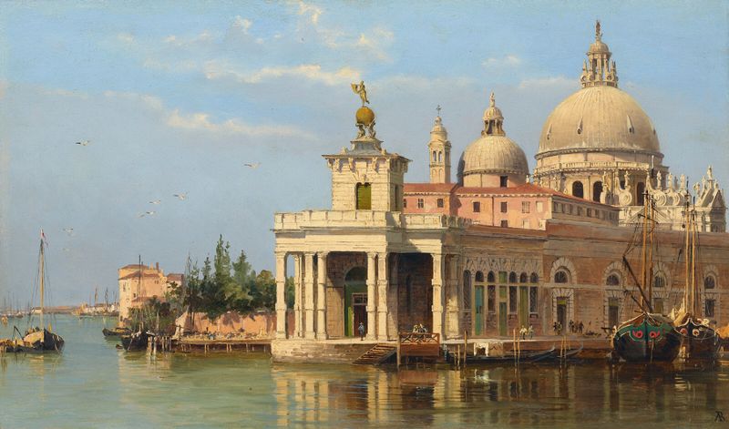 A Dogana com Santa Maria della Salute, óleo sobre tela de Antonietta Brandeis, retratando uma paisagem veneziana serena.