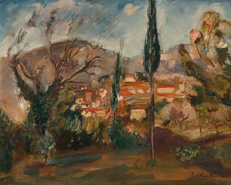 Marine landscape oil painting by Emile Othon Friesz featuring vibrant blues and greens.