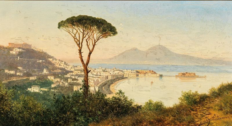 Cena marinha representando a baía de Nápoles de Albert Zimmermann, pintura a óleo.