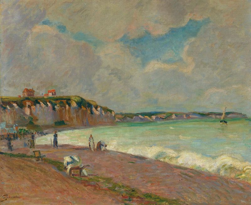 Paysage De La Manche de Armand Guillaumin, óleo de un paisaje tranquilo con hierba y mar.