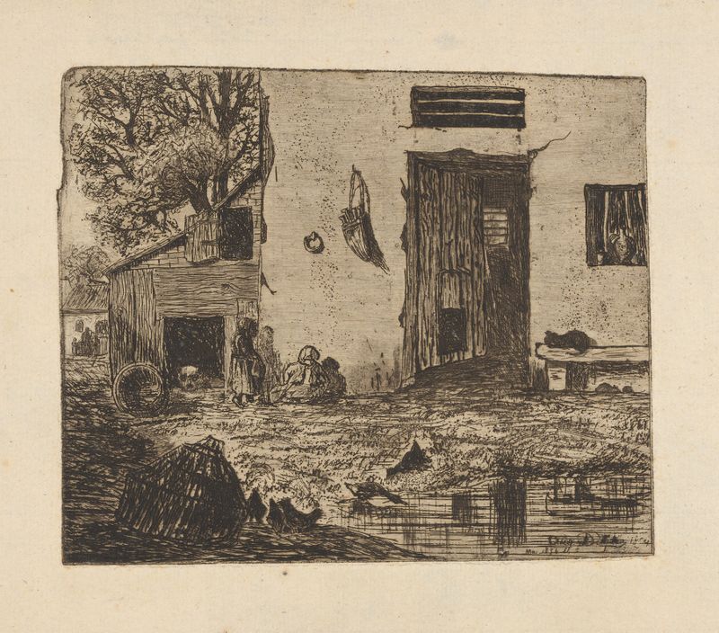 Children beside a barn in a realism style by Auguste Delâtre