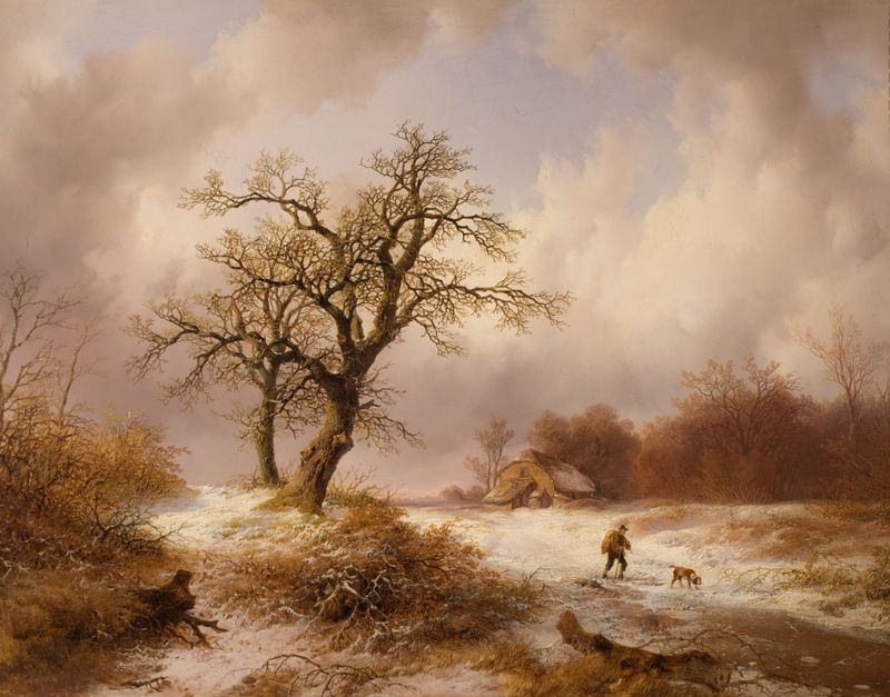 Winterlandschaft by Remigius Adrianus van Haanen, oil on canvas depicting a tranquil winter landscape.