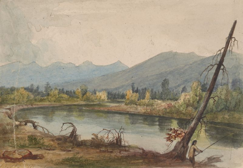 Bitterroot River near Fort Owen by John Mix Stanley, oil painting of a tranquil river landscape.
