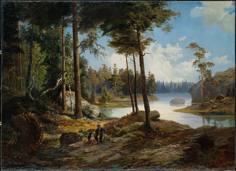 Landscape view featuring hills and a river, oil painting by Charles XV of Sweden