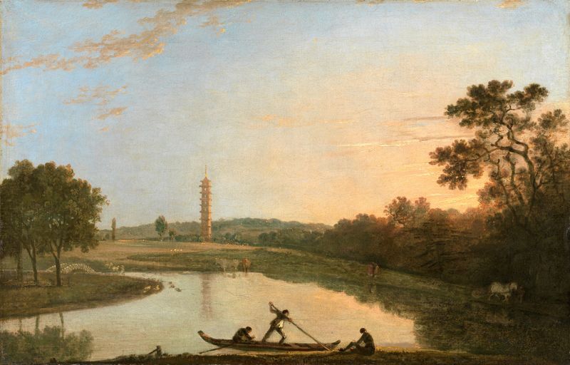 Kew Gardens - The Pagoda and Bridge by Richard Wilson, oil painting depicting a serene landscape.