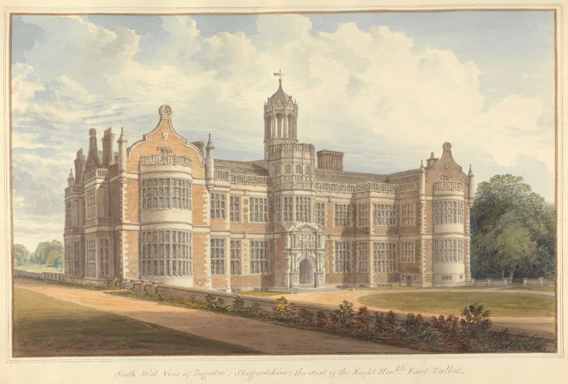 Vista suroeste de Ingestre por John Buckler, pintura al óleo