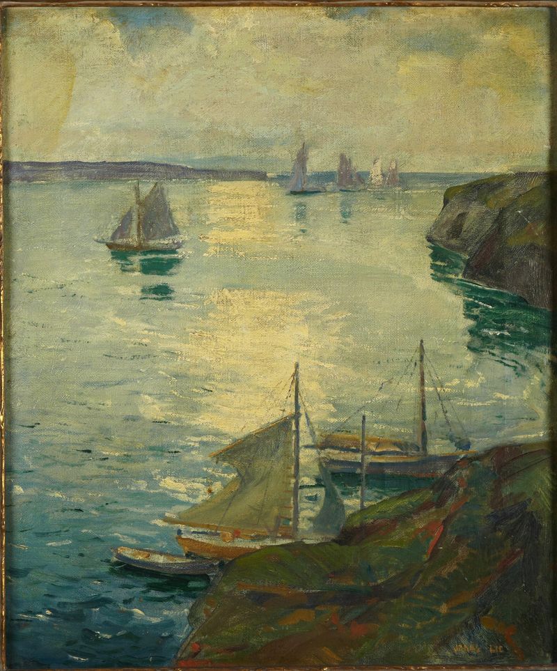 Coast Scene with Ships by Jonas Lie, oil on canvas, depicting ships on a tranquil sea under a cloudy sky.