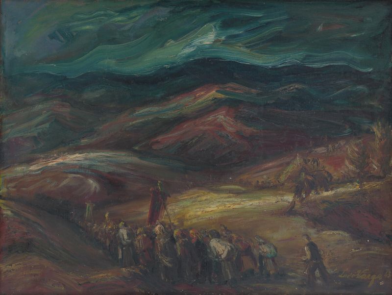 Expressionism landscape by Ľudovít Varga depicting a village procession at dusk.