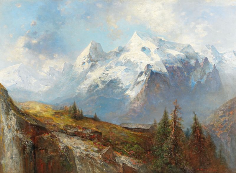 Landscape depicting Ortler and Königspitze mountains at twilight by Adolf Obermüllner