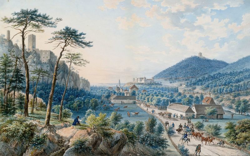 Blick auf Schloss Weilburg de Tobias Raulino, pintura al óleo que representa un castillo en un paisaje nostálgico.
