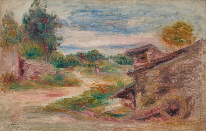 Le Chemin du village de Pierre-Auguste Renoir, óleo sobre lienzo que representa un camino iluminado por el sol entre árboles.