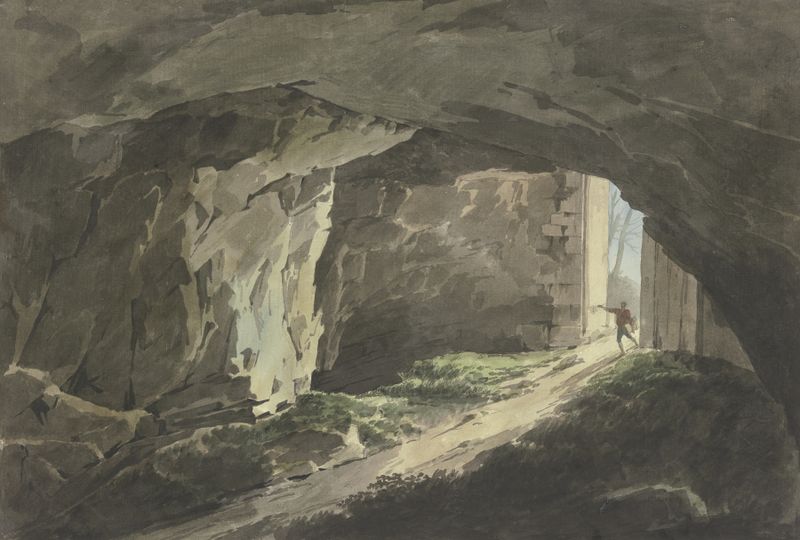 Oil painting by Jean Grandjean depicting a painter entering a cave.