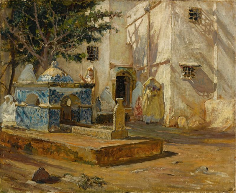 Alger Mareh by Frederick Arthur Bridgman, oil on canvas depicting a vibrant landscape with water and sunlight.